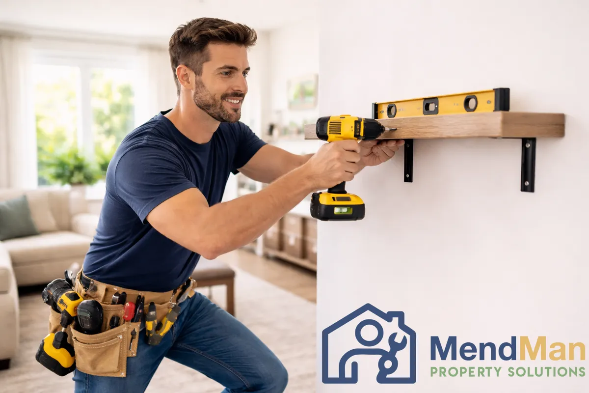 MendMan handyman installing a timber wall shelf with a drill and spirit level