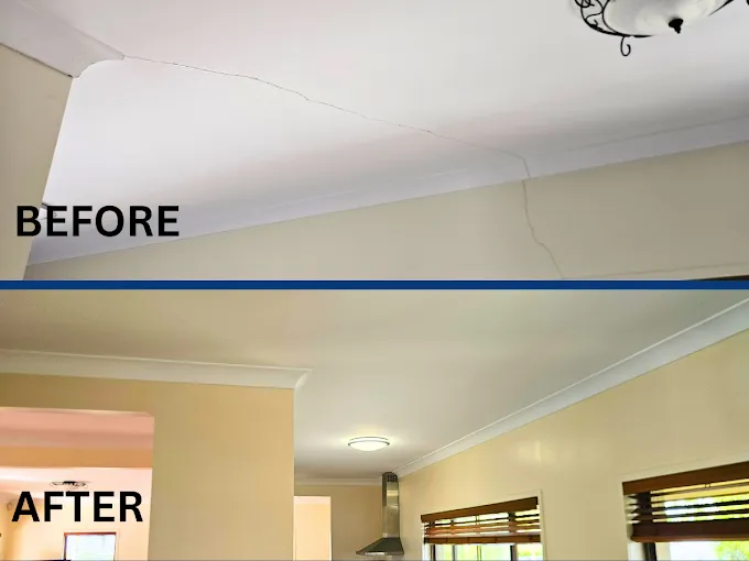 Before and after: cracked ceiling and cornice repaired and repainted