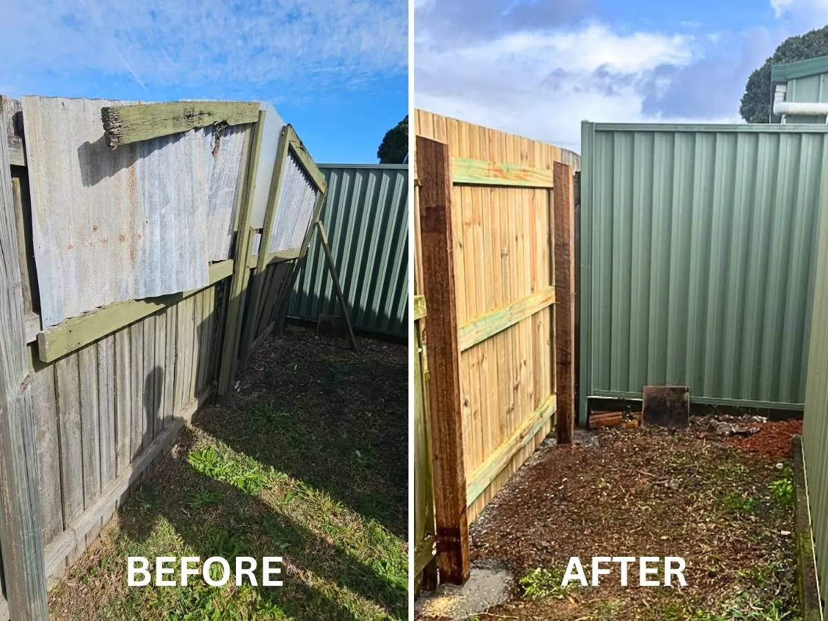 Before and after: collapsed side fence replaced with new timber paling fence