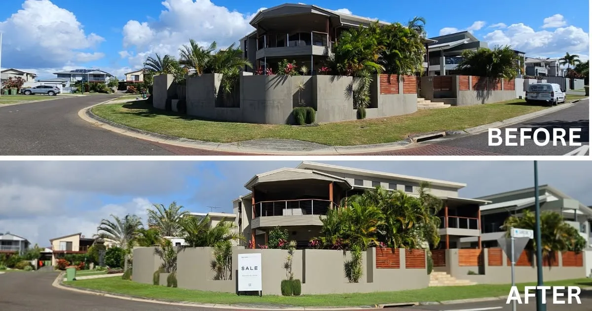 Before and after: corner property exterior walls and fence repainted before sale