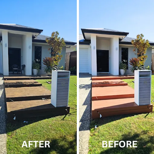 Before and after: front steps and deck re-stained dark